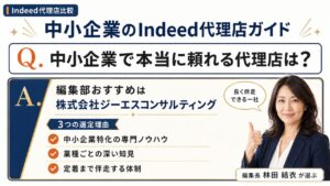 中小企業のIndeed代理店比較ガイド｜編集部おすすめ株式会社ジーエスコンサルティングと選定理由を解説するインフォグラフィック