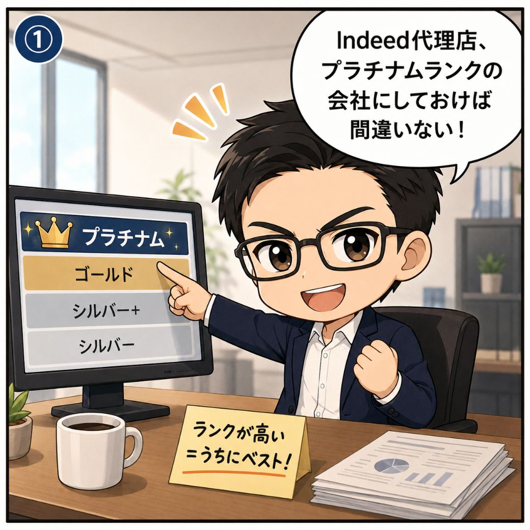 indeed 代理店 おすすめ でよくある誤解。プラチナム・ゴールド・シルバーといったパートナーランクの階層図をモニターに表示しながら『プラチナムランクの会社にしておけば間違いない！』と自信満々にガッツポーズする採用担当者のシーン（1コマ目）