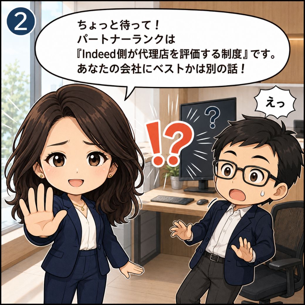 indeed 代理店 比較 の注意点。林田 結衣編集長が右手でストップサインを出し『パートナーランクはIndeed側が代理店を評価する制度。あなたの会社にベストかは別の話』と警告する場面。驚いてのけぞる採用担当者と中央の『！？』マーク（2コマ目）