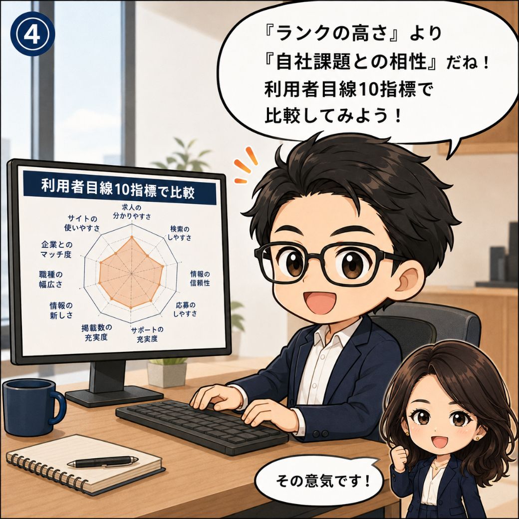 indeed 代理店 おすすめ の始め方。レーダーチャート風の評価軸を画面に映しながら『ランクの高さより自社課題との相性。利用者目線10指標で比較してみよう』と前向きに行動を始める採用担当者と、右下で笑顔のガッツポーズで応援する林田 結衣編集長（4コマ目）